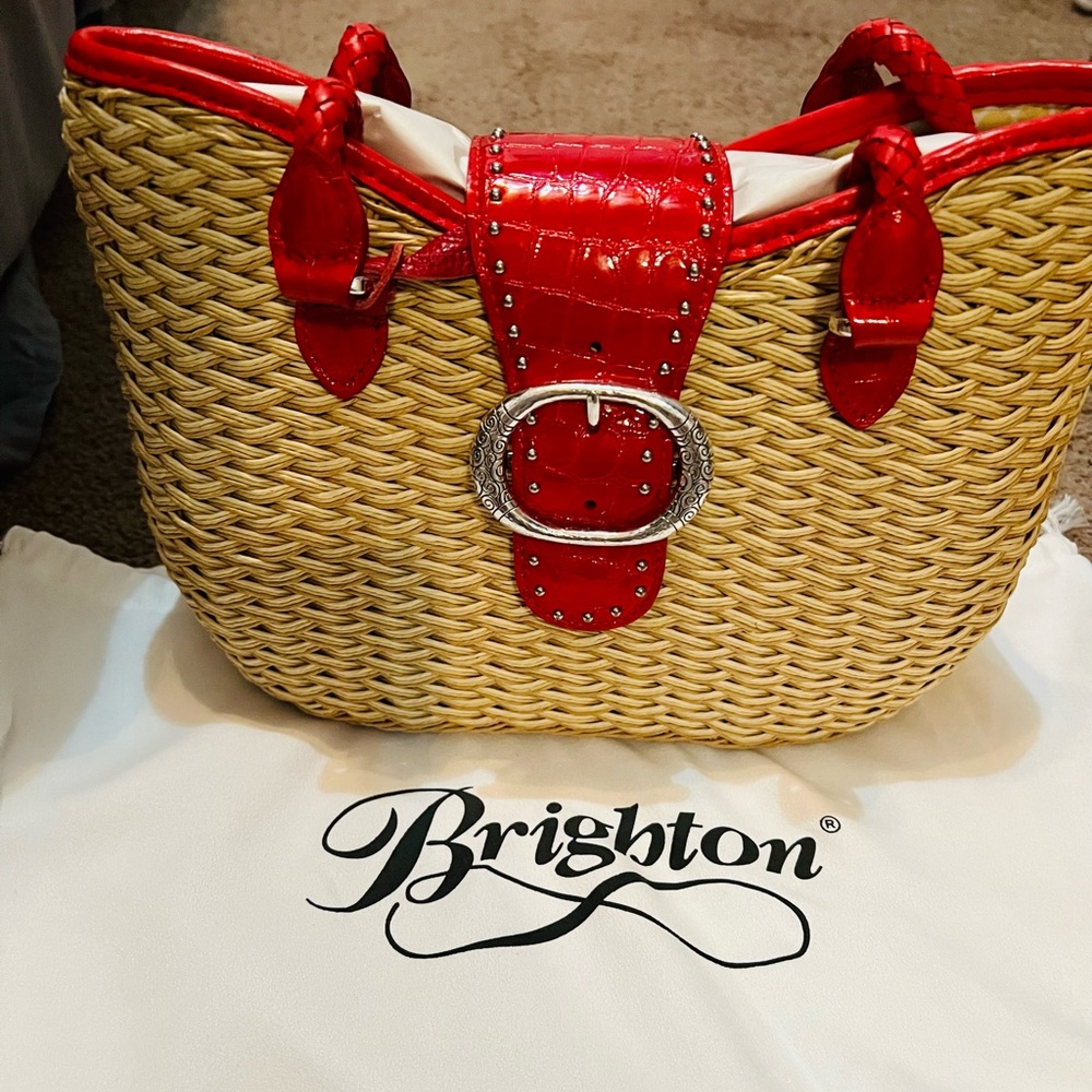 BRIGHTON Hand Woven Straw Shoulder Bag Tote With Red Leather Trim